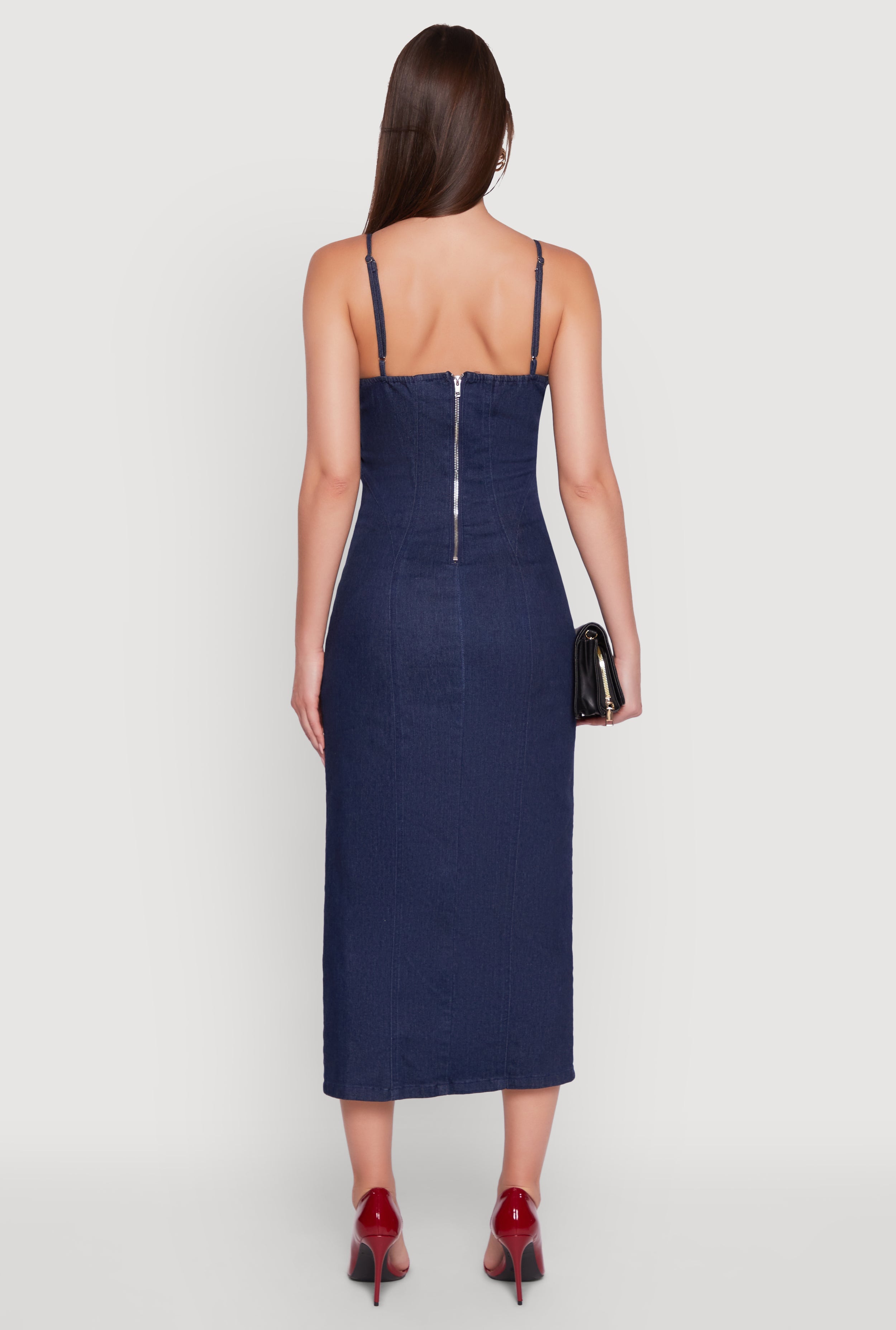 Denim Pintuck Scoop Neck Side Slit Dress