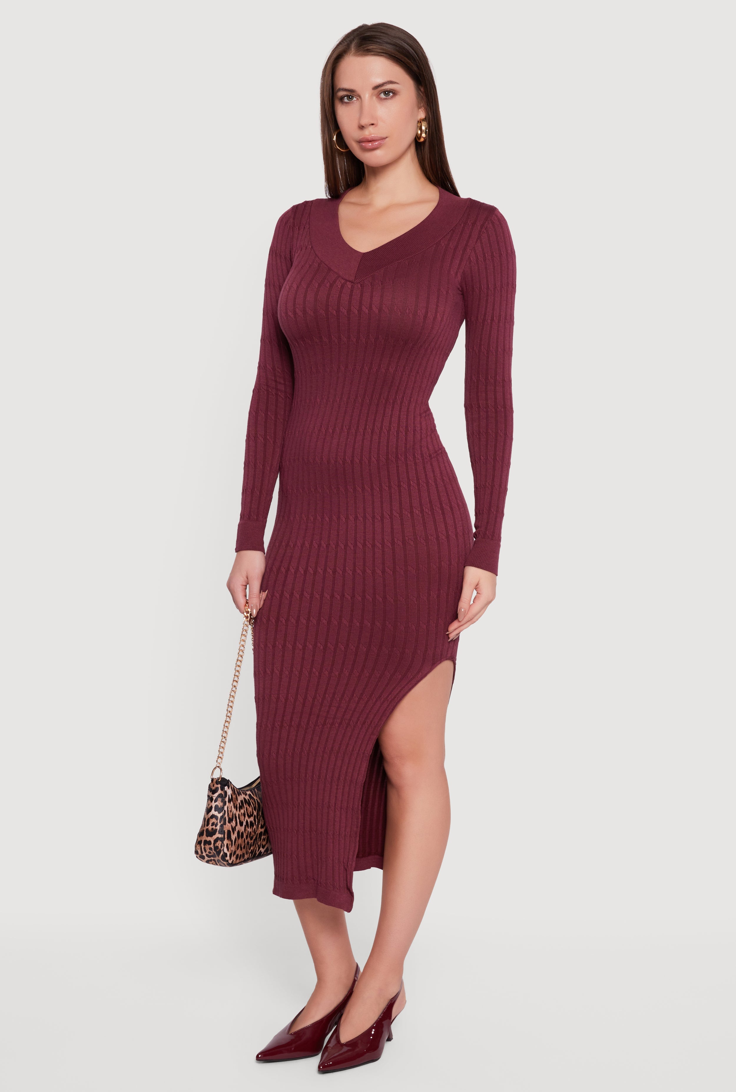 Long Sleeve V Neck Side Slit Sweater Dress