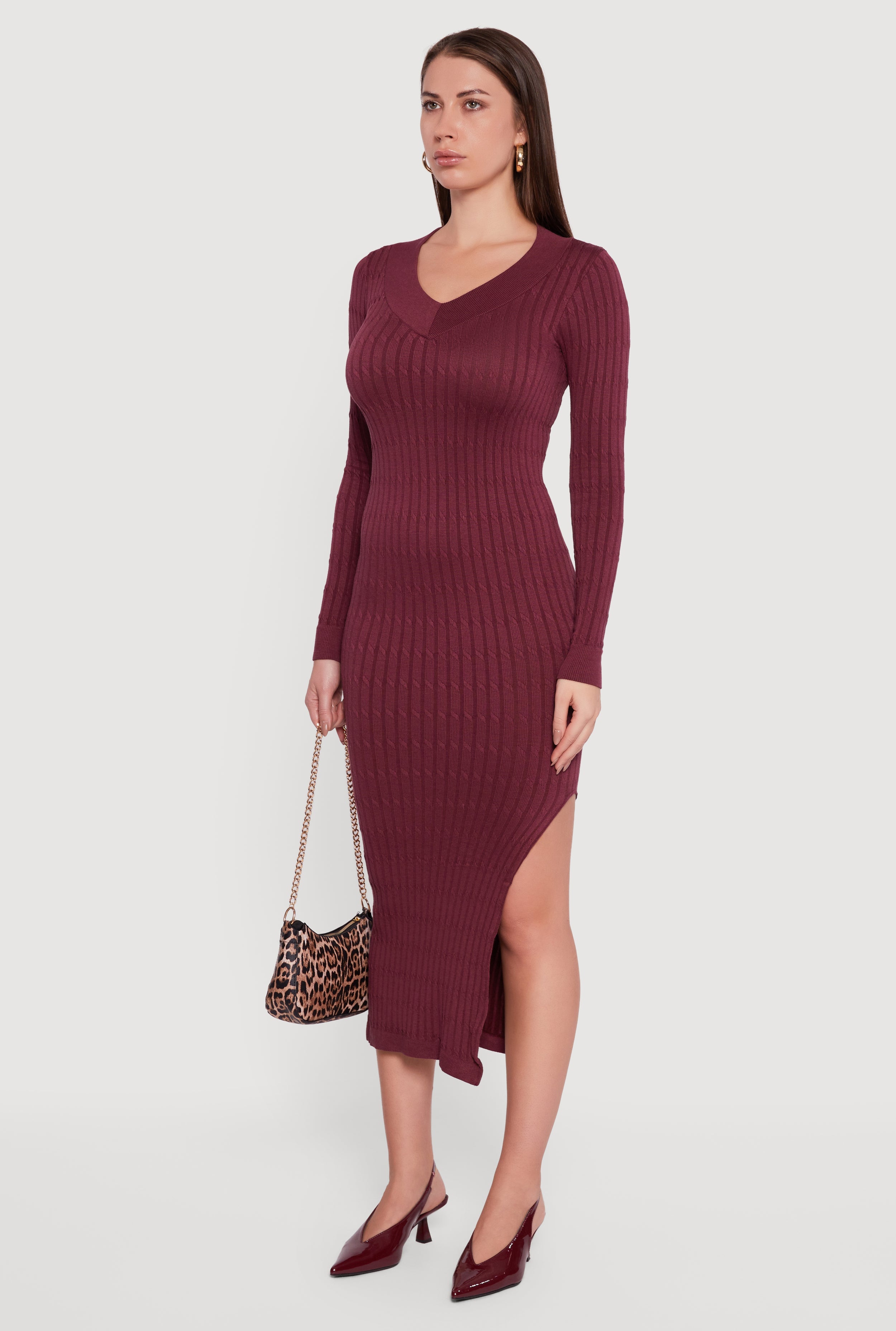 Long Sleeve V Neck Side Slit Sweater Dress