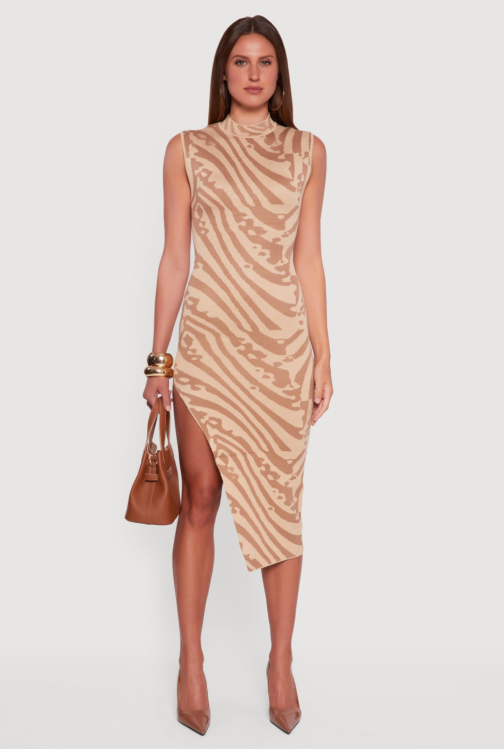 Printed Side Slit Sleeveless Sweater Dress