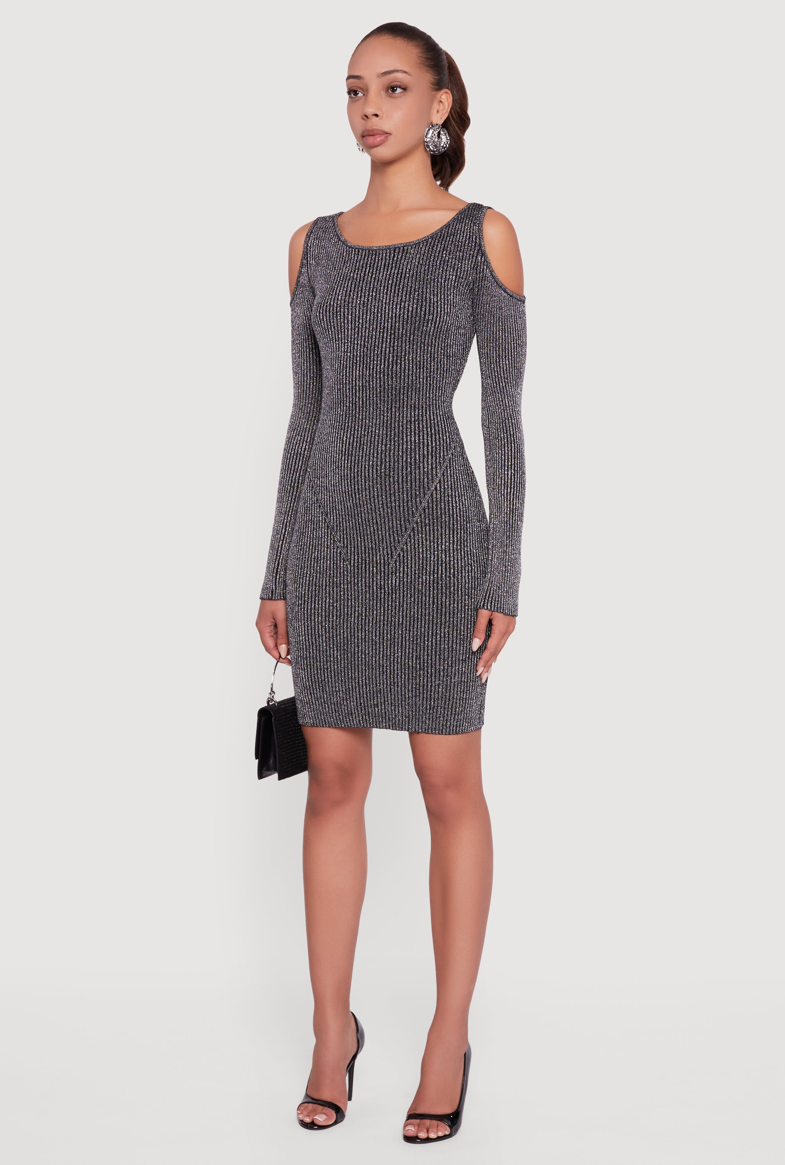 Lurex Rib Knit Cold Shoulder Dress