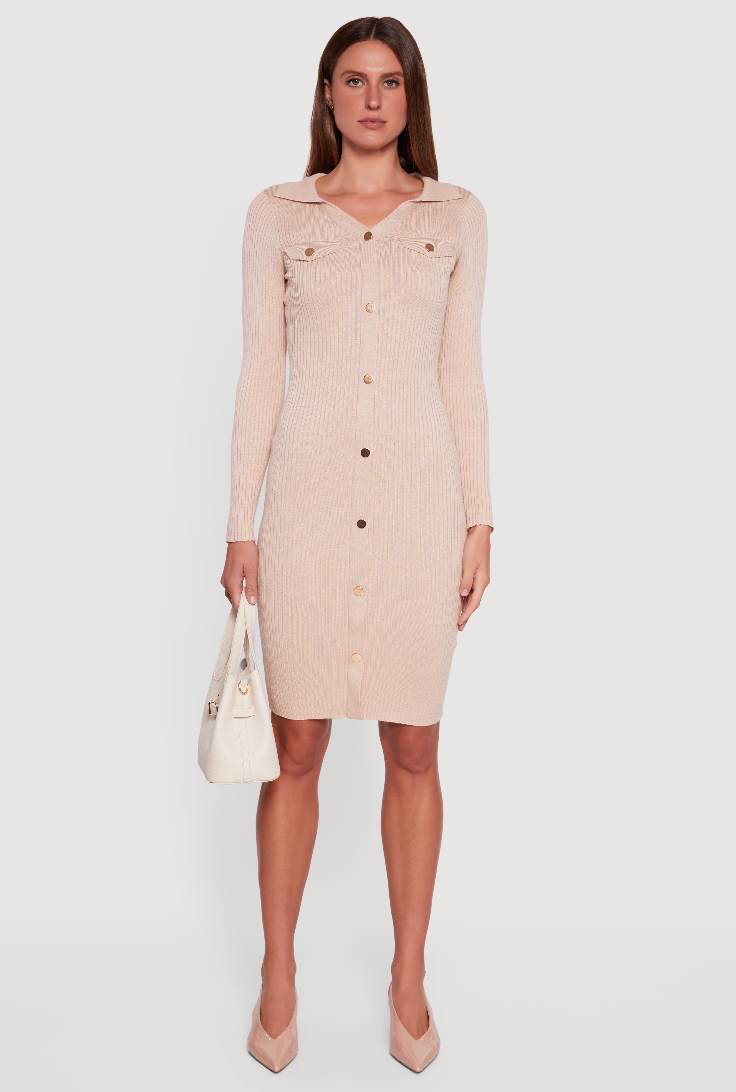 Collared Rib Knit Button Detail Midi Sweater Dress
