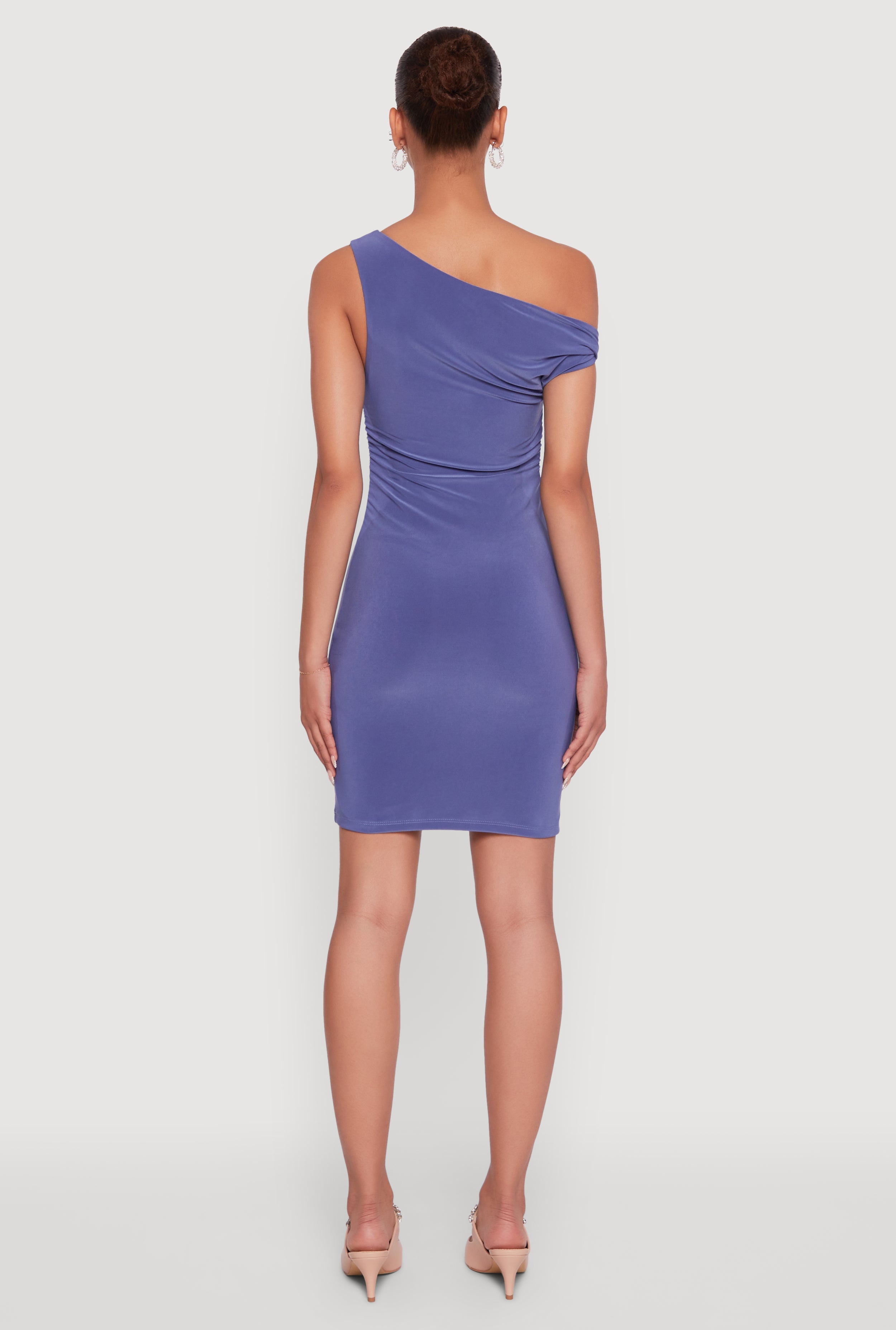 Asymmetrical Shoulder Ruched Side Mini Dress