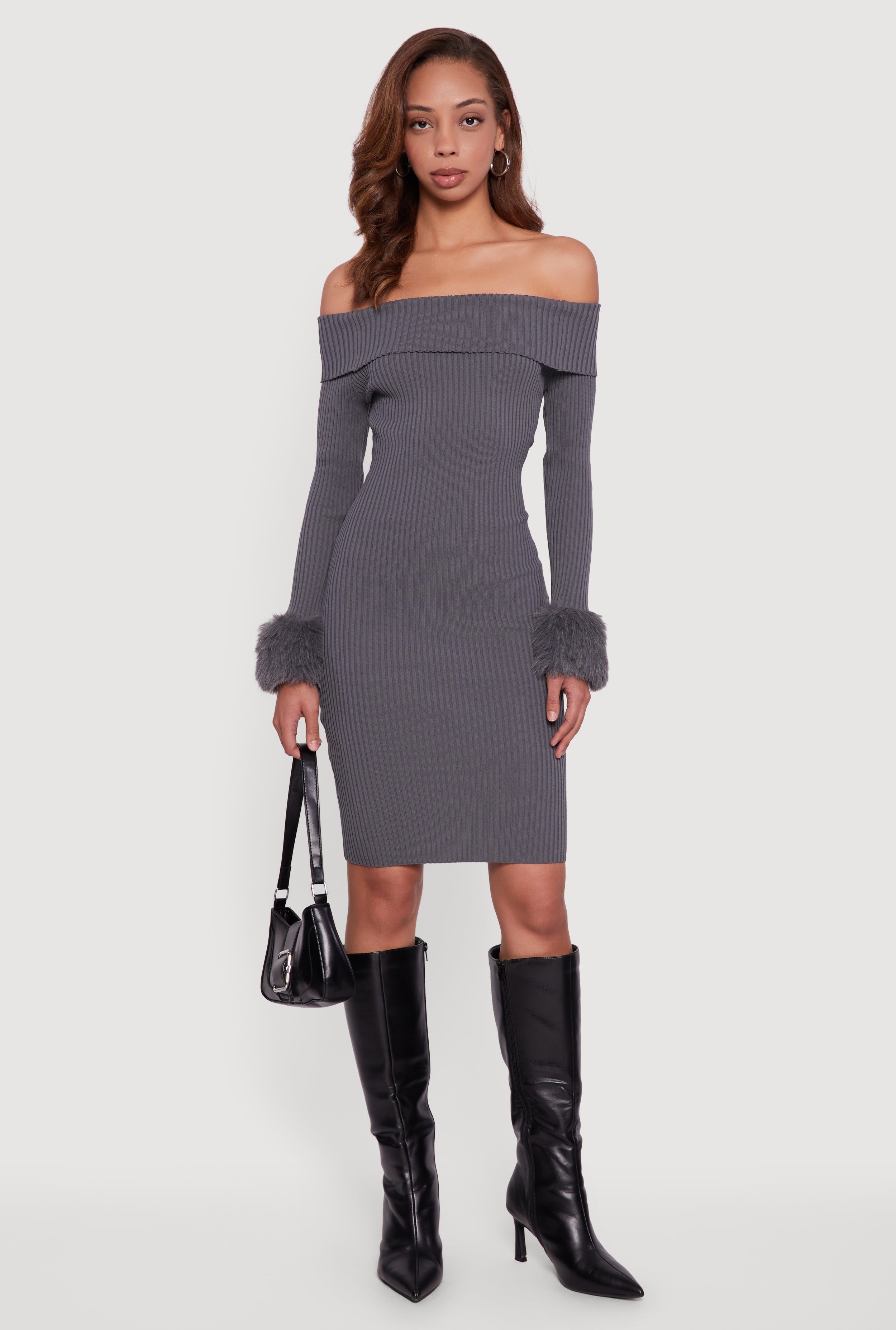 Faux Fur Cuff Fold Over Off the Shoulder Sweater Dress