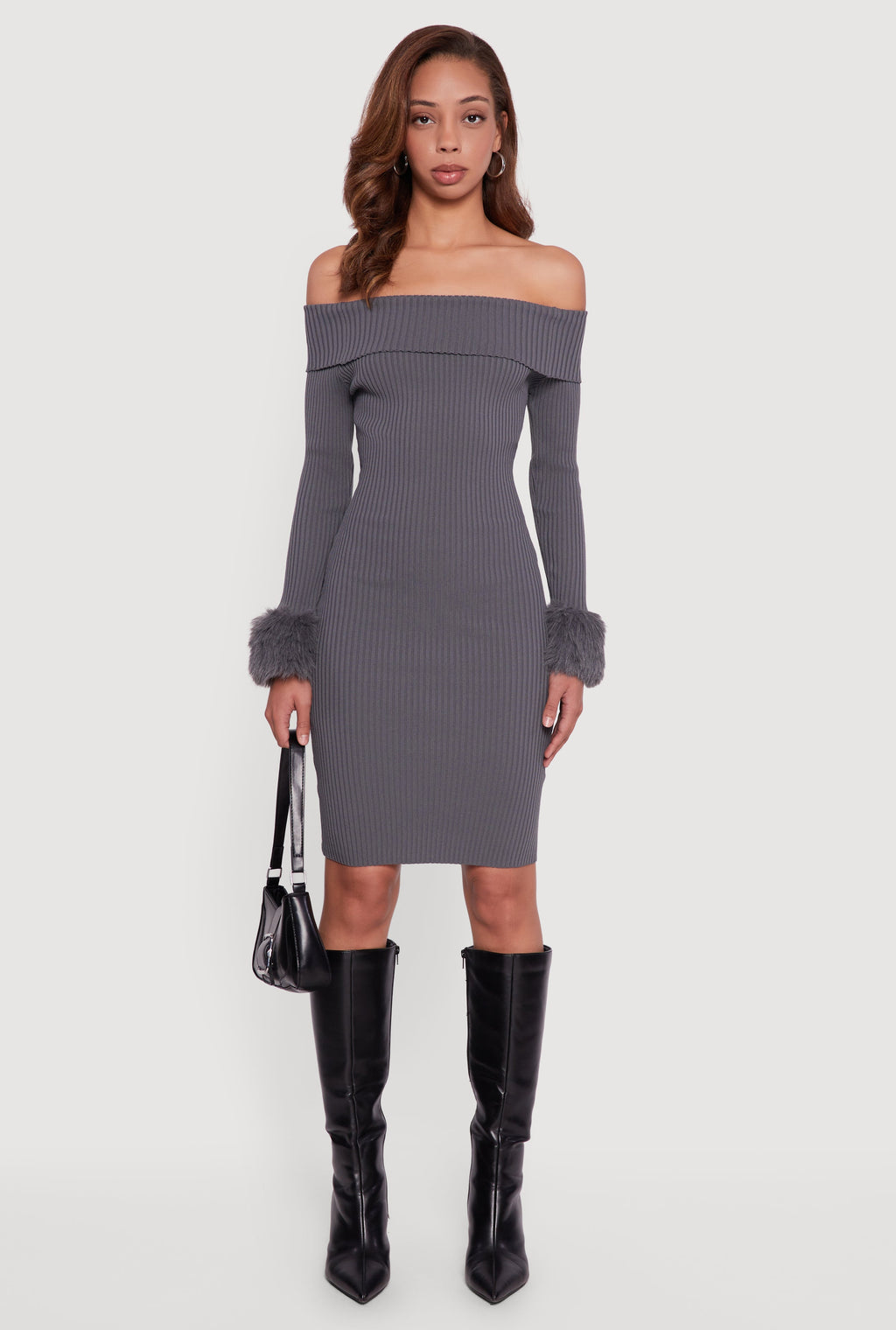 Faux Fur Cuff Fold Over Off the Shoulder Sweater Dress