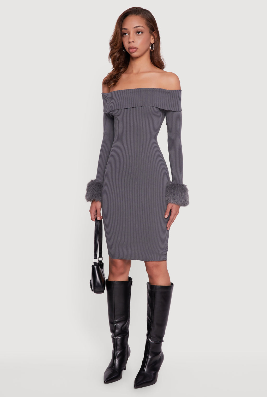 Faux Fur Cuff Fold Over Off the Shoulder Sweater Dress