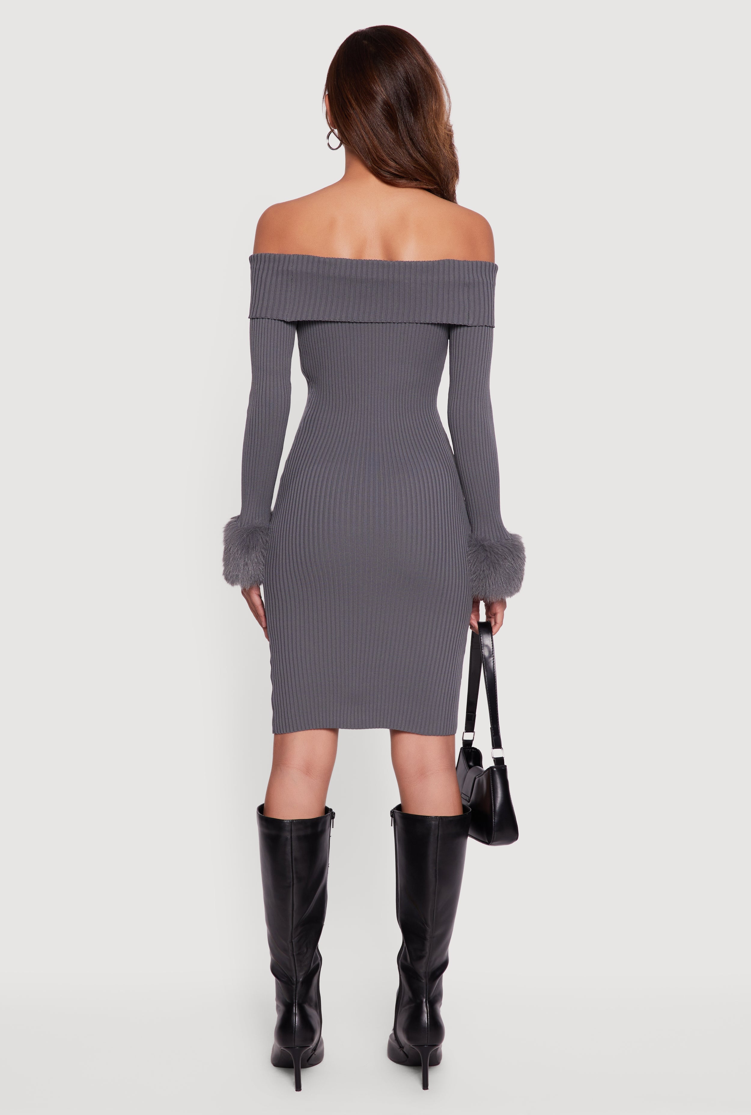 Faux Fur Cuff Fold Over Off the Shoulder Sweater Dress