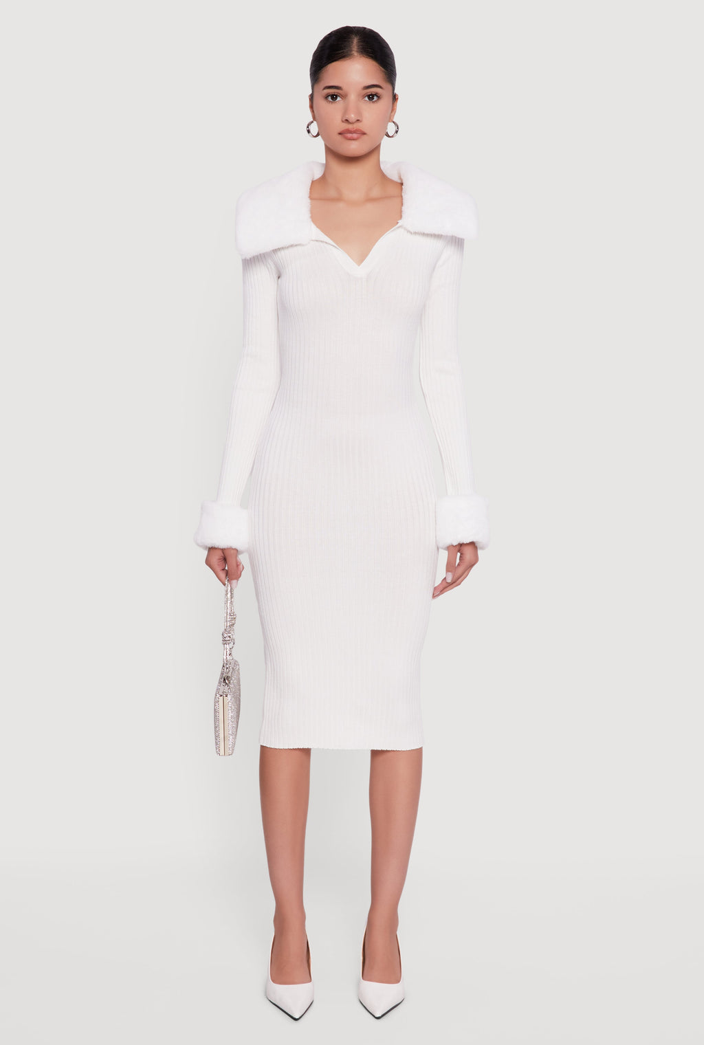 Midi Sweater Dress with Removable Faux Fur Collar and Cuffs