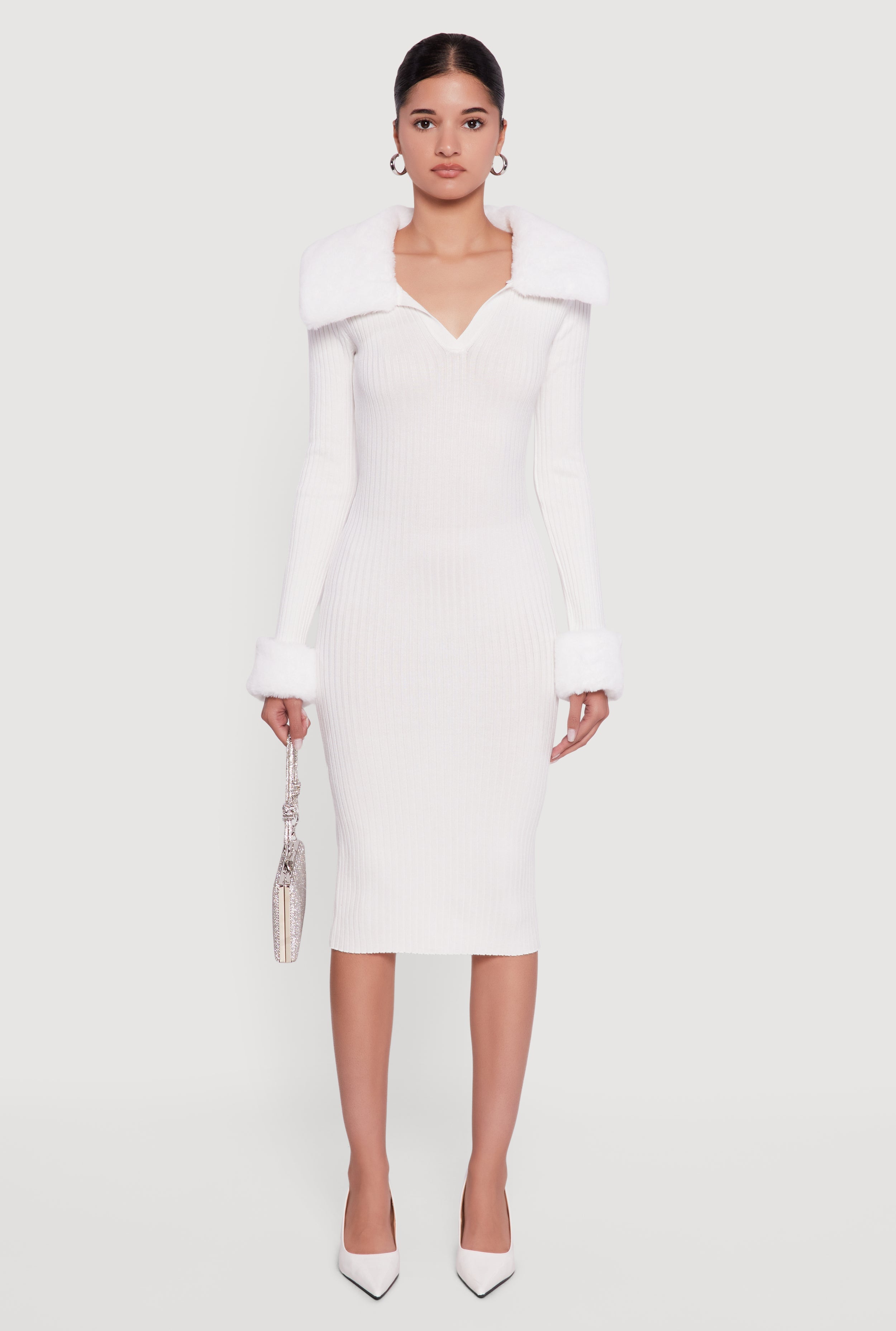 Midi Sweater Dress with Removable Faux Fur Collar and Cuffs