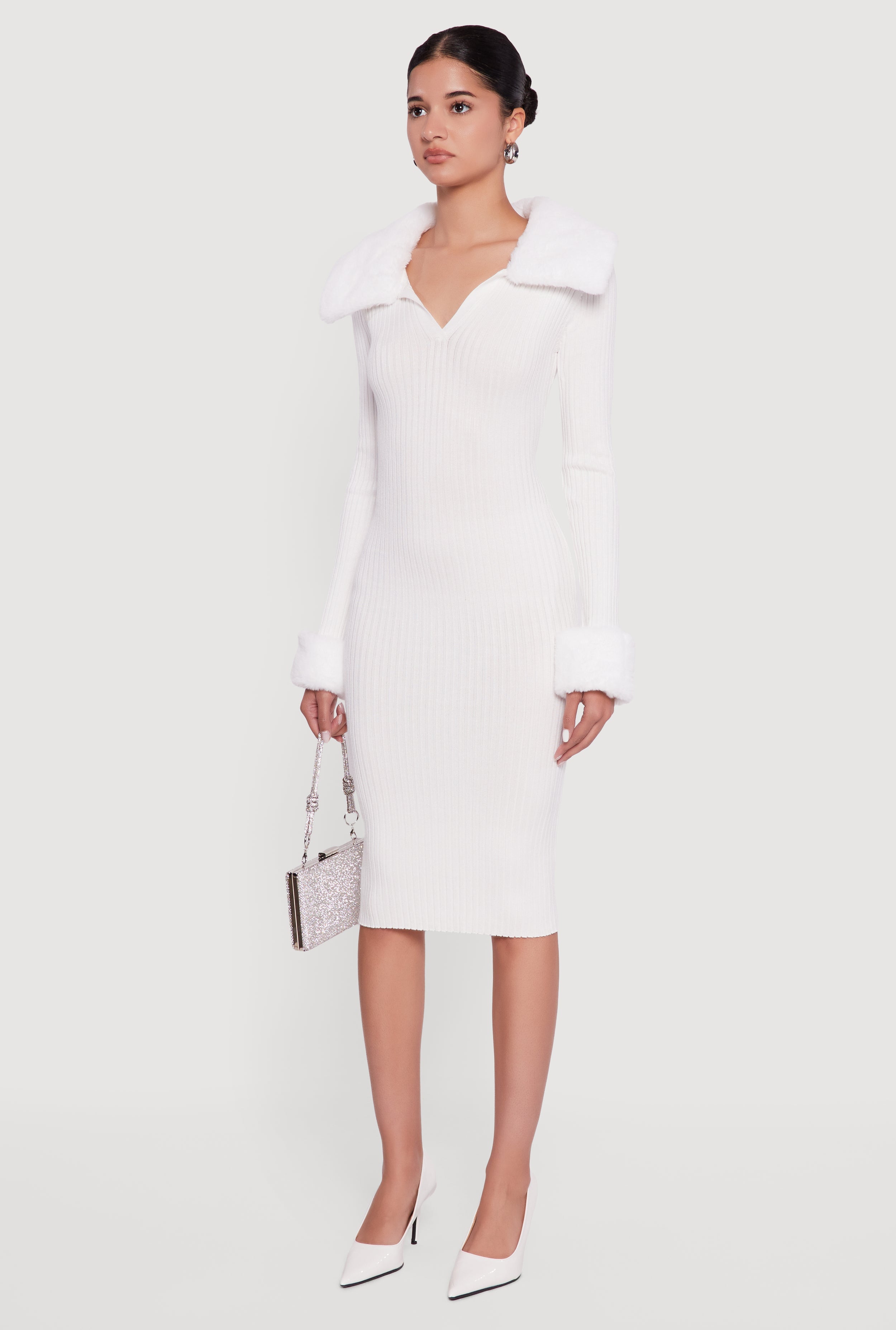 Midi Sweater Dress with Removable Faux Fur Collar and Cuffs