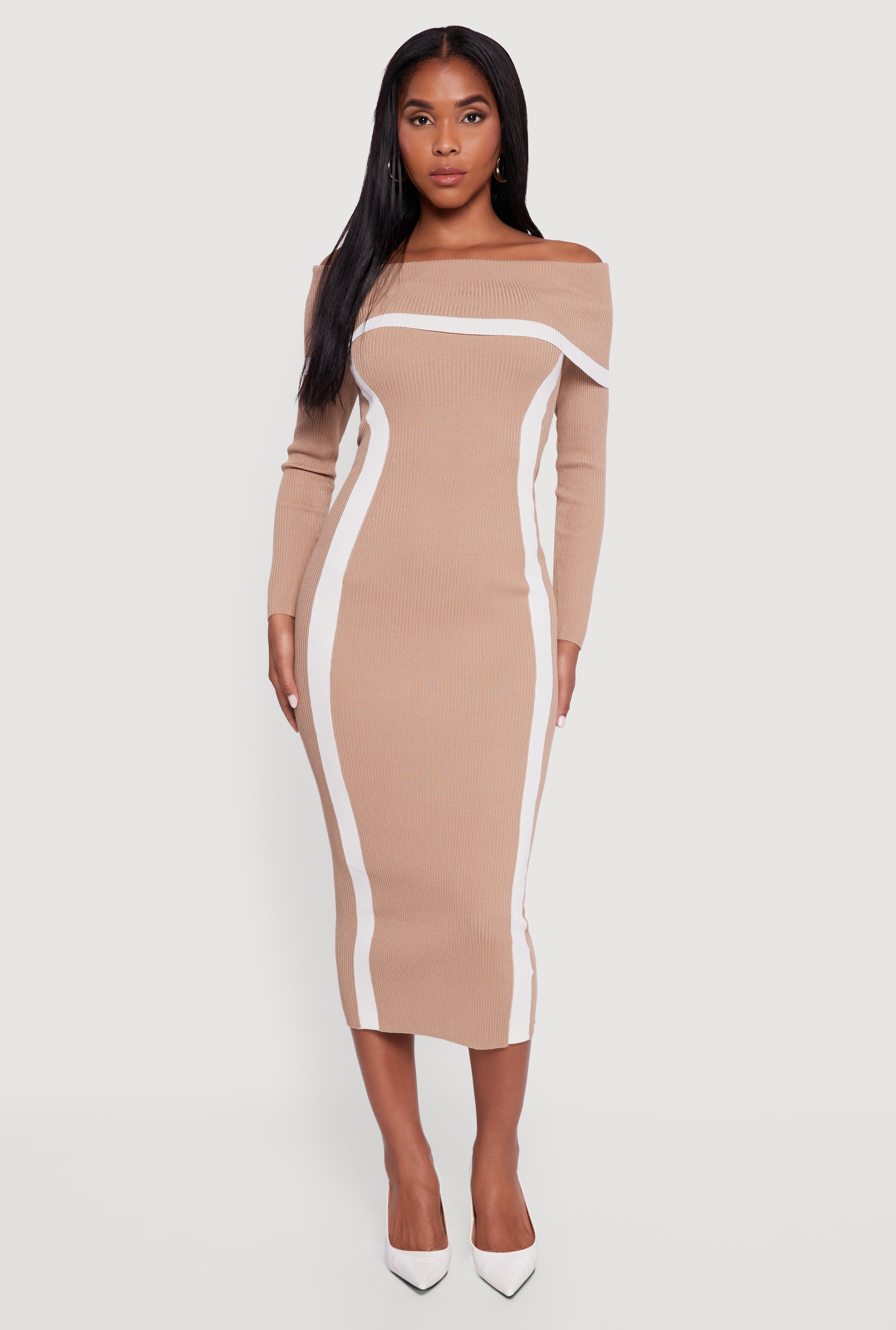 Contrast Trim Ribbed Knit Sweater Dress