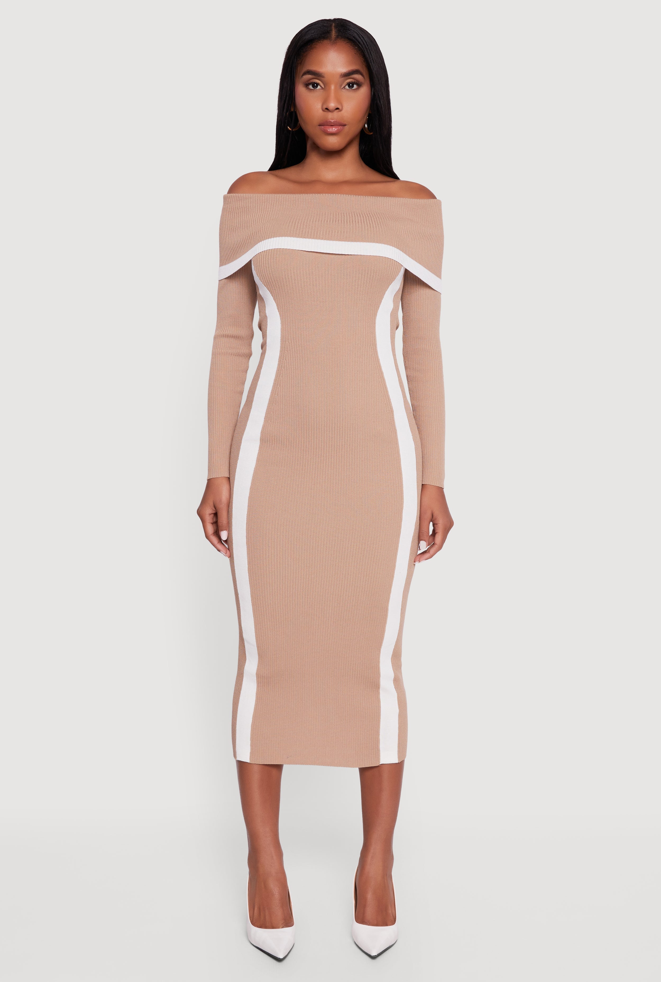 Contrast Trim Ribbed Knit Sweater Dress