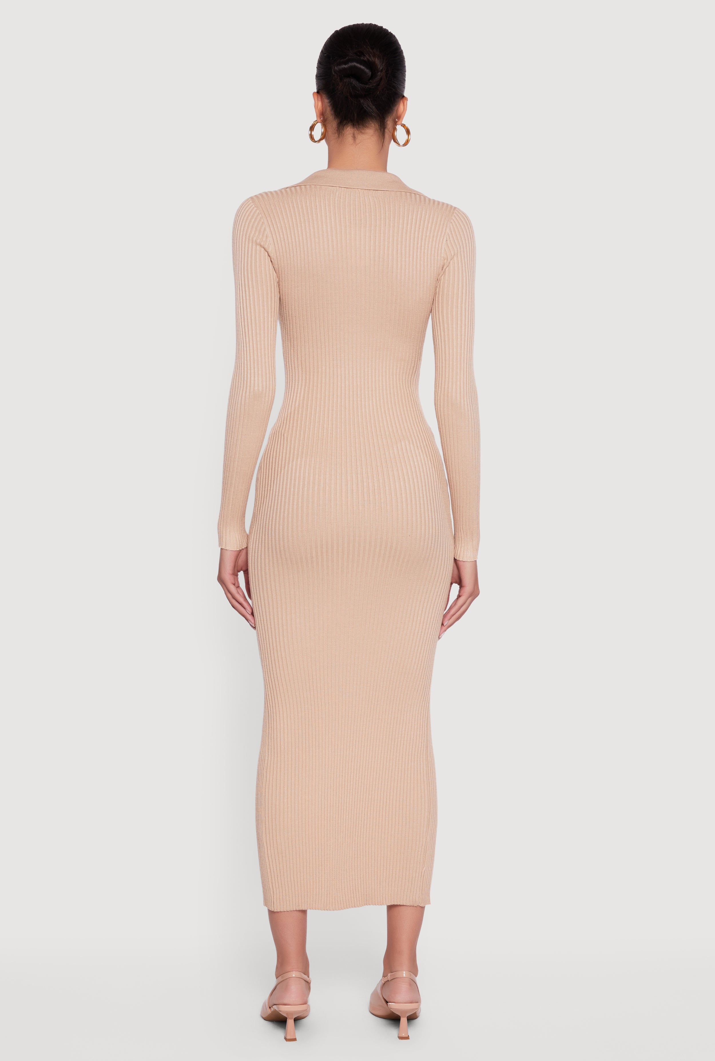 Rib Knit Button Detail Long Sleeve Slit Front Dress