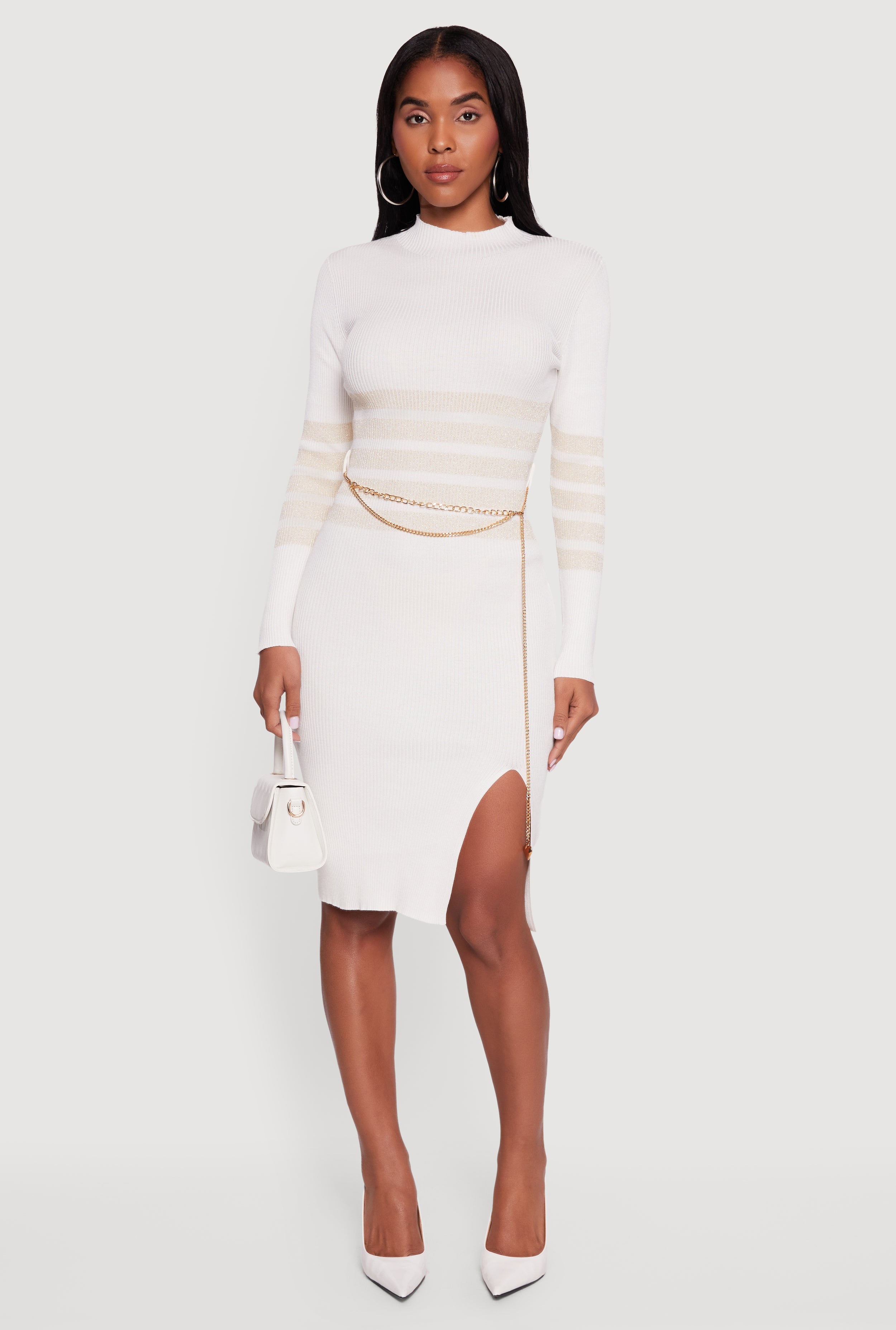 Lurex Striped Side Slit Sweater Dress with Chain Belt