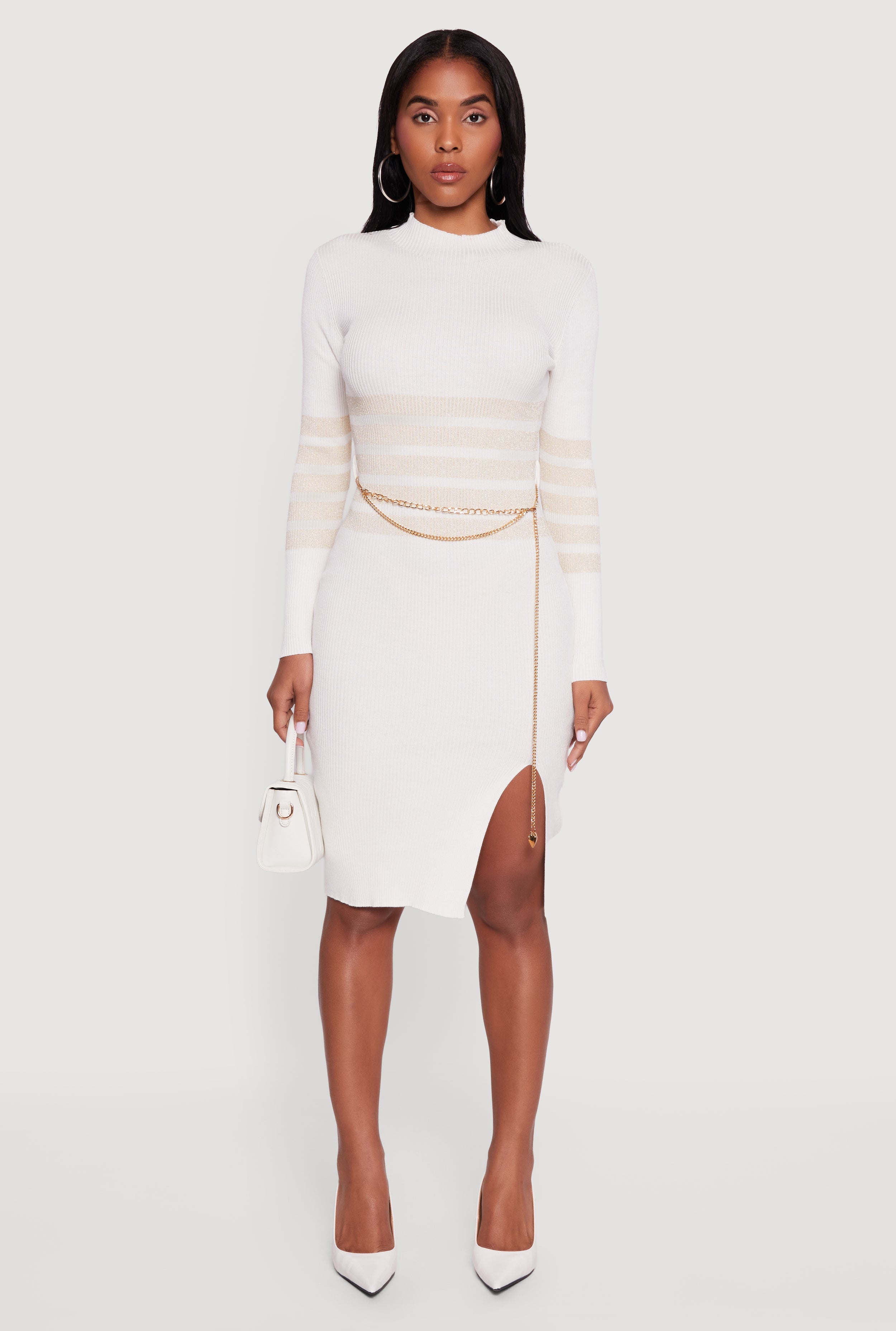 Lurex Striped Side Slit Sweater Dress with Chain Belt