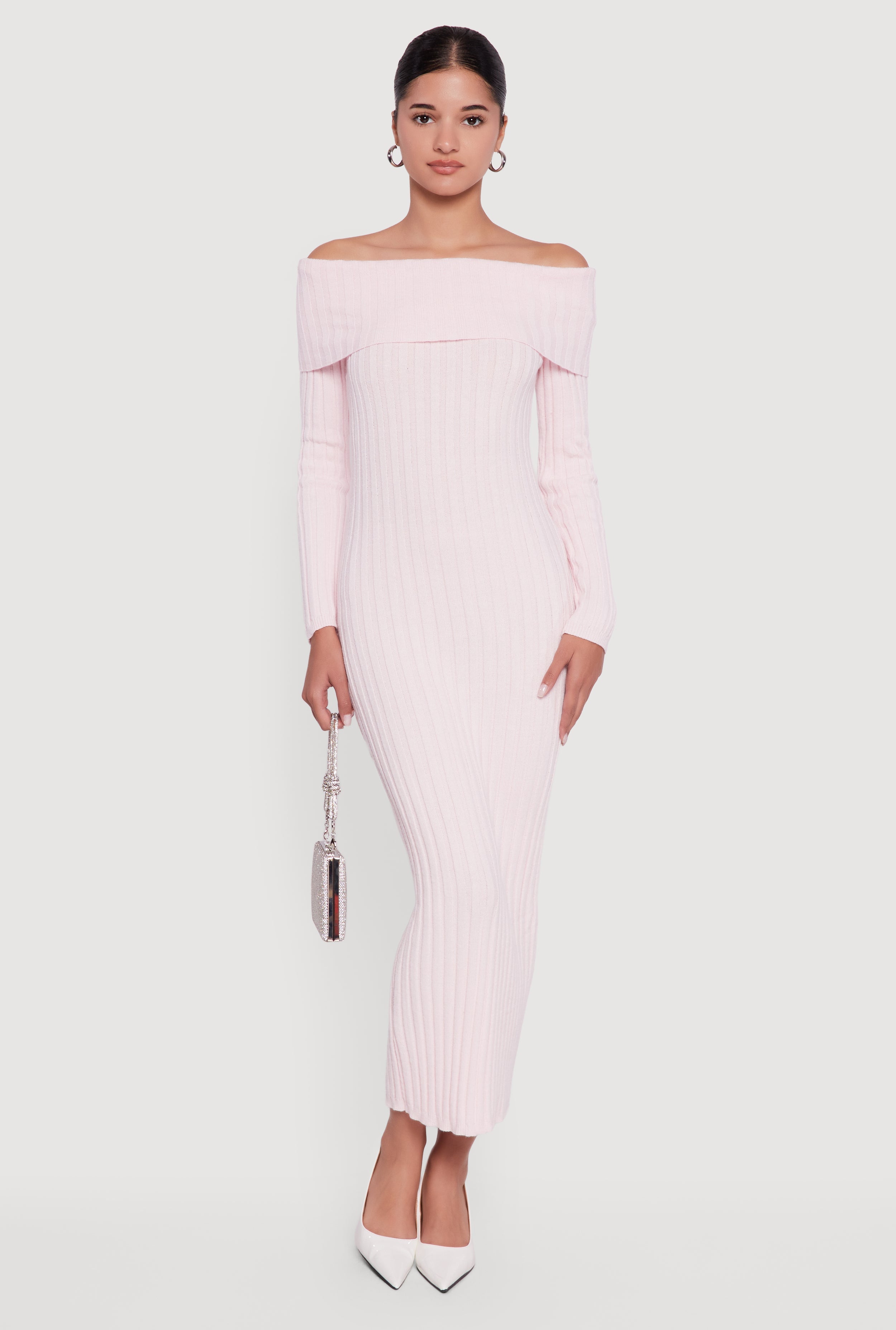 Rib Knit Fold Over Off the Shoulder Maxi Dress