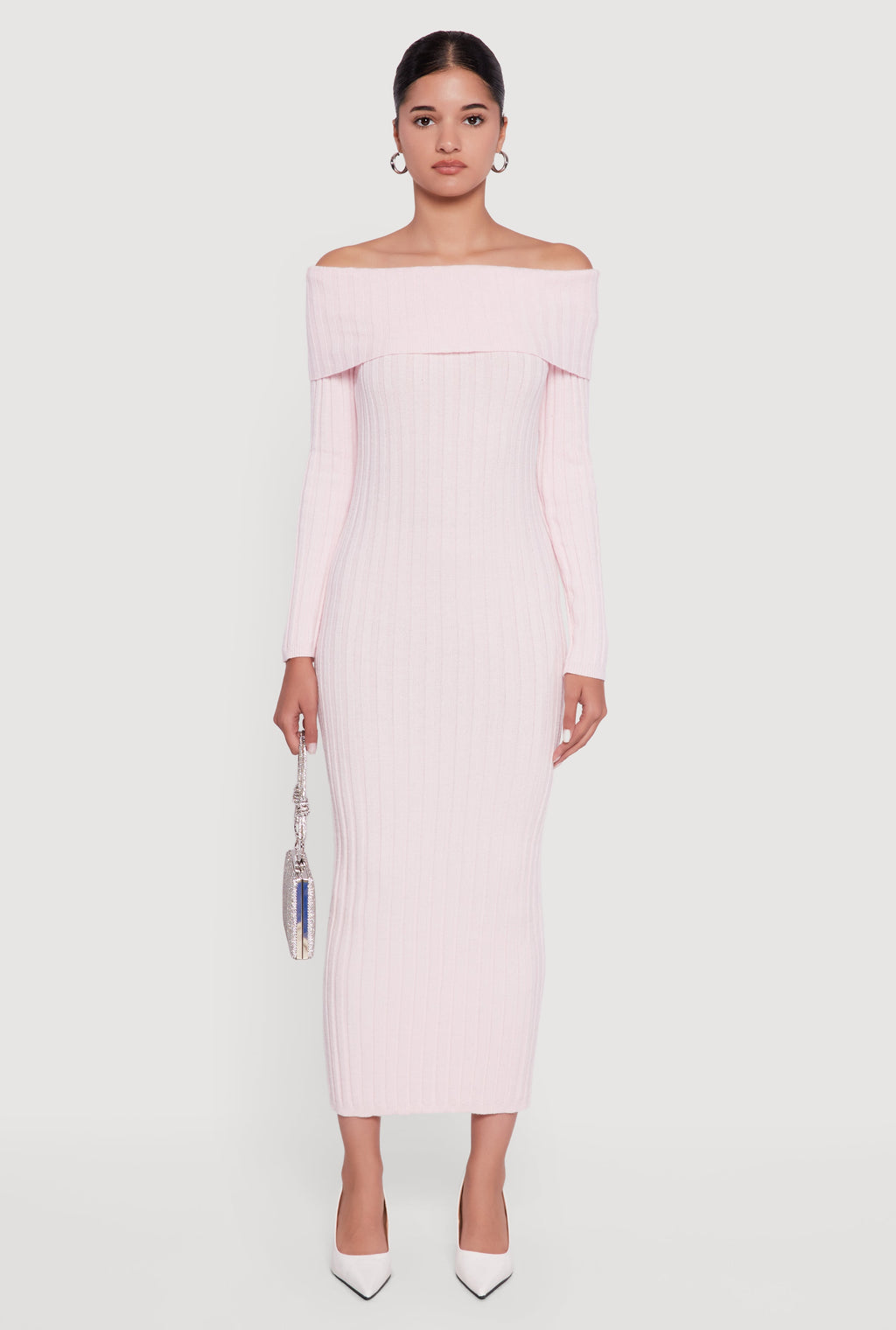 Rib Knit Fold Over Off the Shoulder Maxi Dress