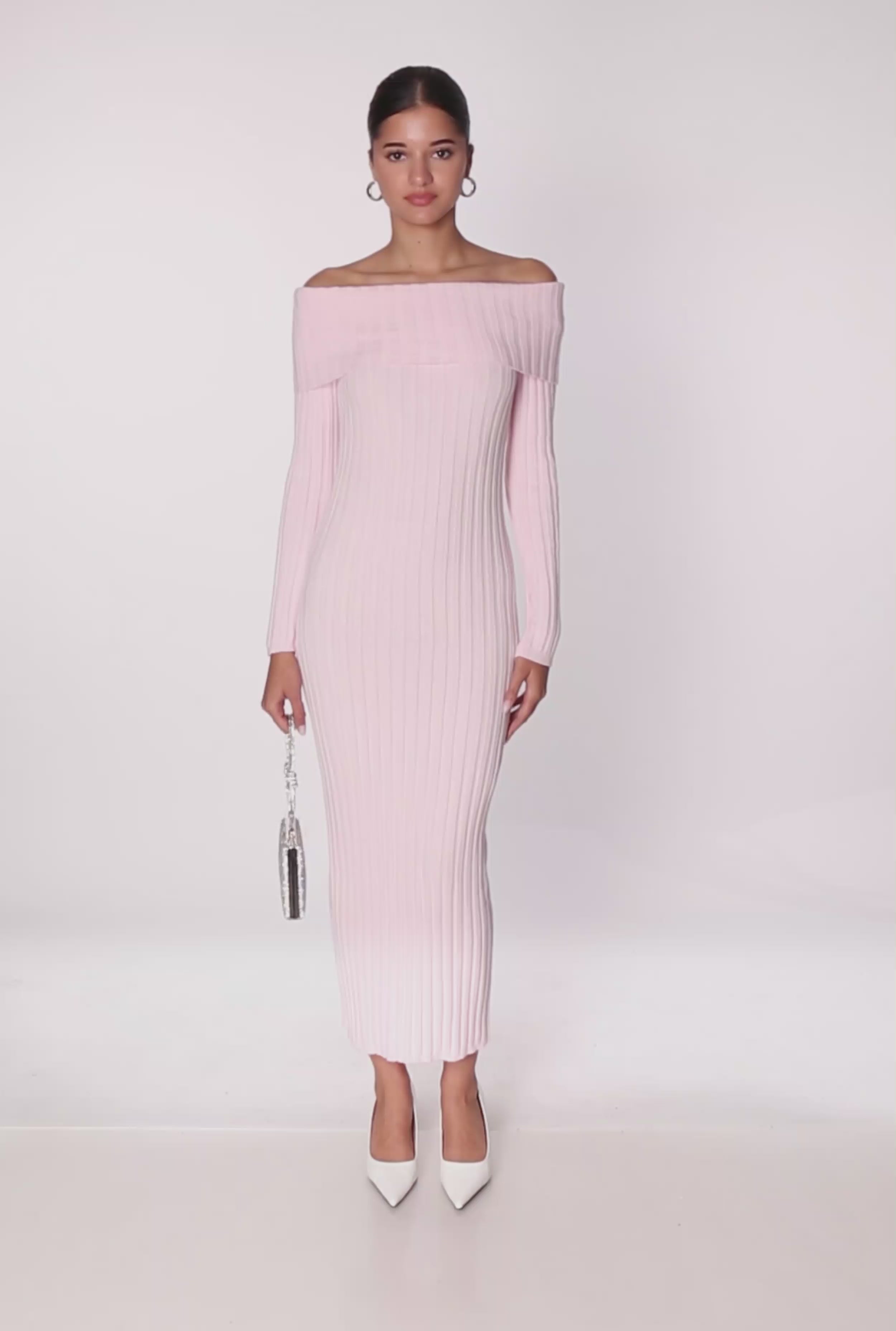 Rib Knit Fold Over Off the Shoulder Maxi Dress