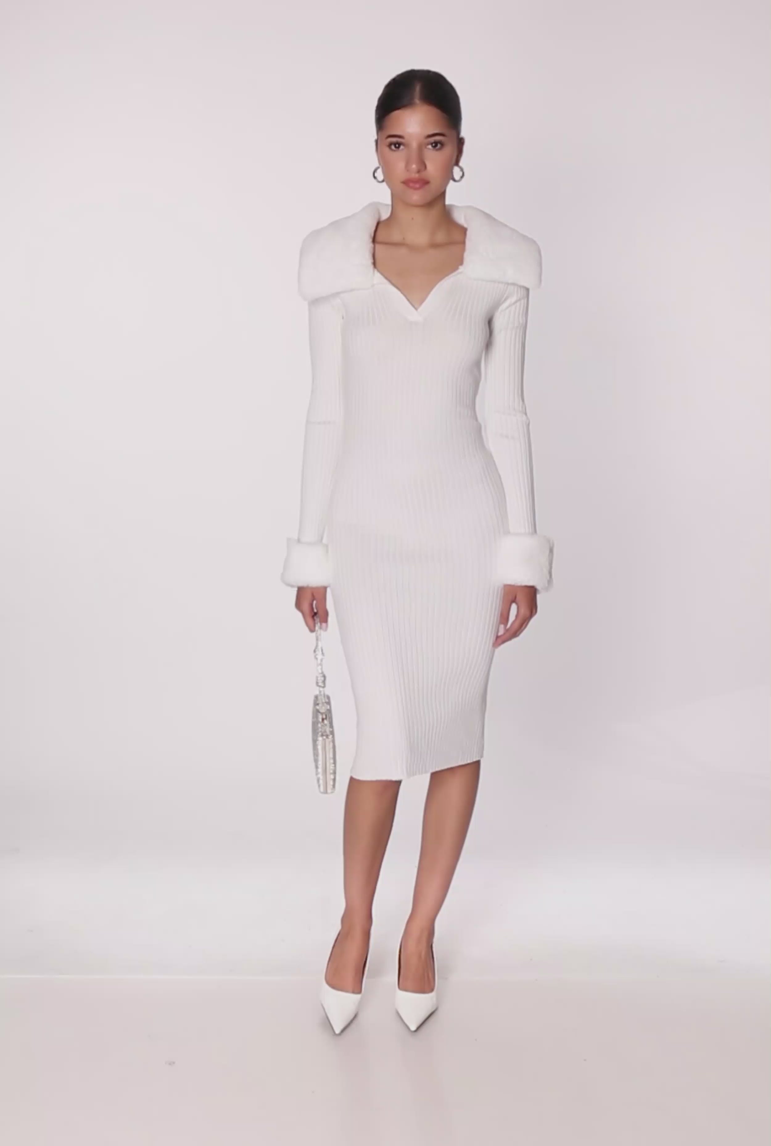 Midi Sweater Dress with Removable Faux Fur Collar and Cuffs