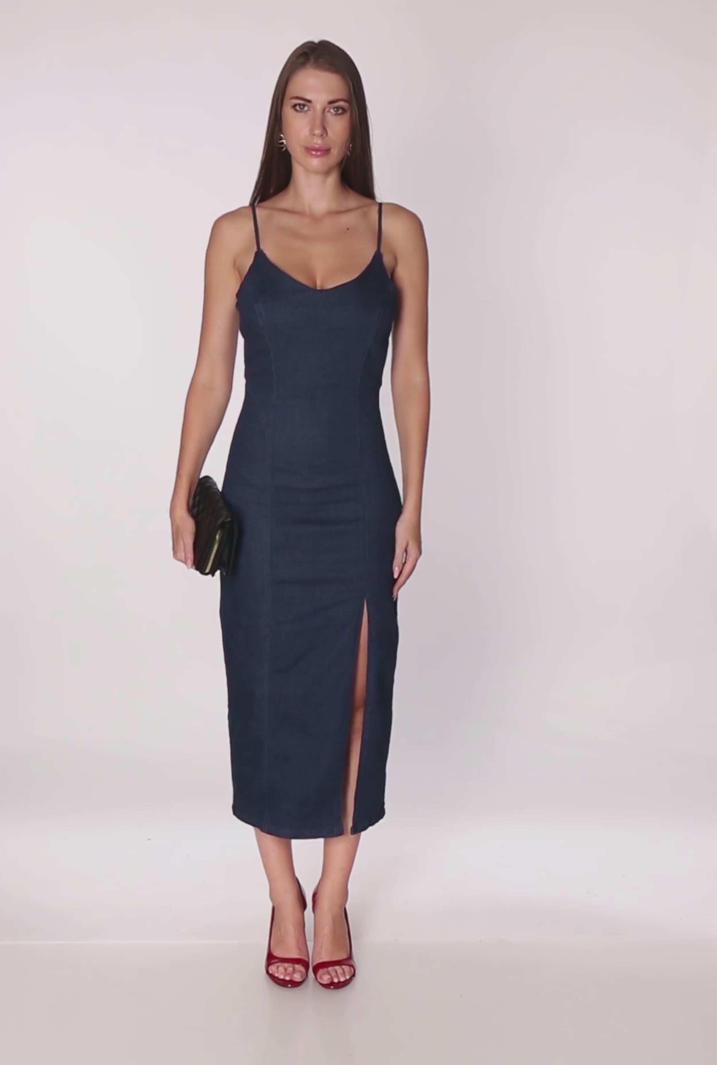 Denim Pintuck Scoop Neck Side Slit Dress