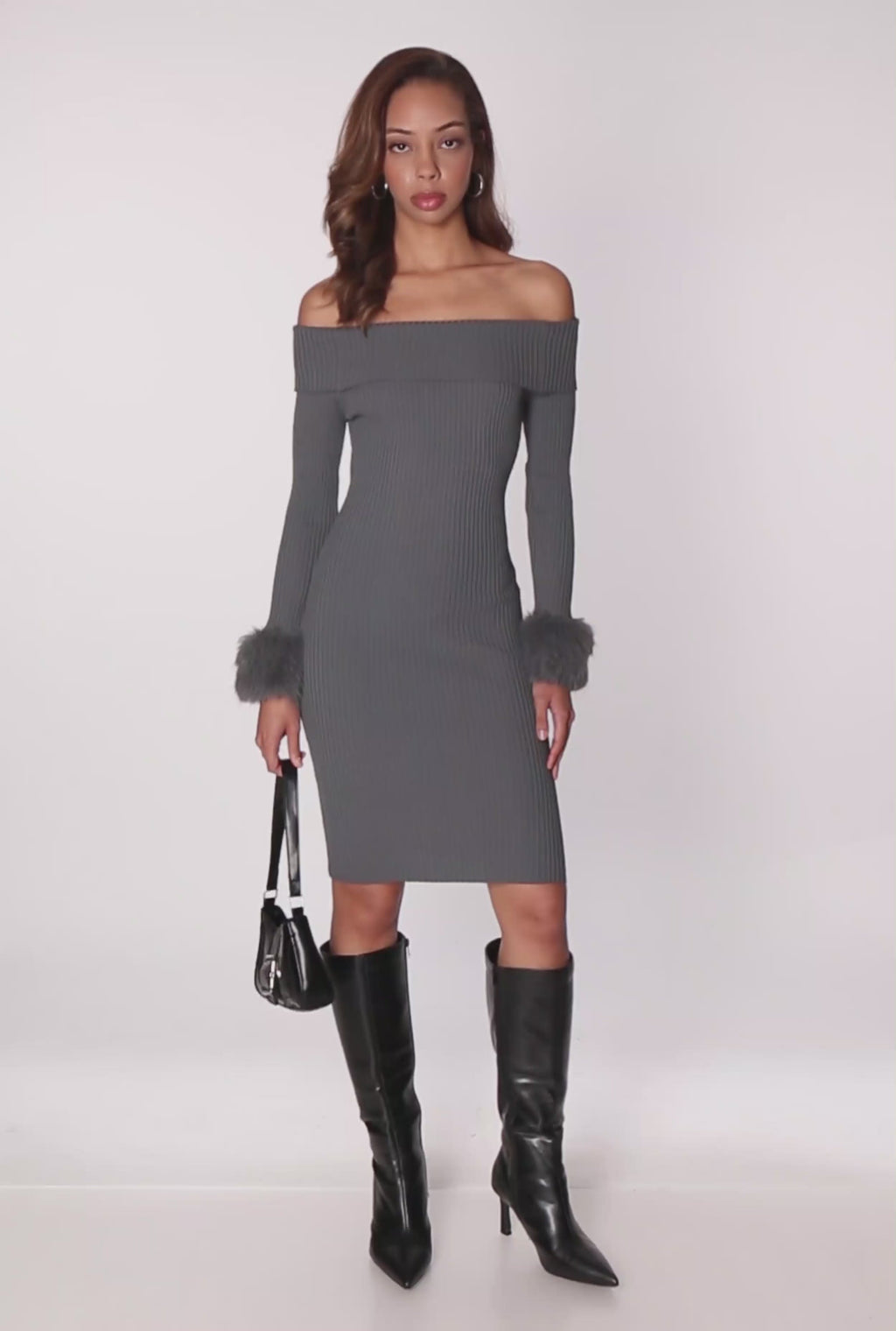 Faux Fur Cuff Fold Over Off the Shoulder Sweater Dress